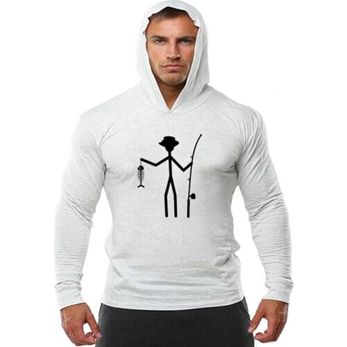 Cool Funny Hoodie T-Shirt Men High Quality Tees Men Fisherman Stick Figure Holding Fish Bones O-Neck Cotton Long Sleeve T Shirt
