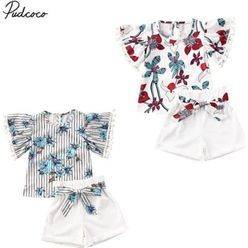 2020 Fashion New Toddler Baby Girl Clothes lily Striped Print Tassel Short Sleeve Blouse Tops+Bow Shorts Pants 2pcs Set Outfits