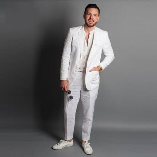 Linen Men Suits Summer Beach Wedding Groom Tuxedos Slim Fit 2 Pieces (Jacket+Pants) Bridegroom Suits Prom Wear Blazer