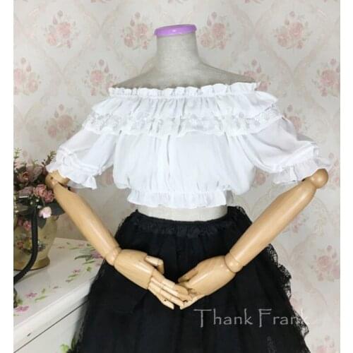 Sweet Chiffon Lolita Shirt Women Short Sexy Bottoming Tops Slash Neck Short Sleeve Lace Lolita Blouse Black White Beige