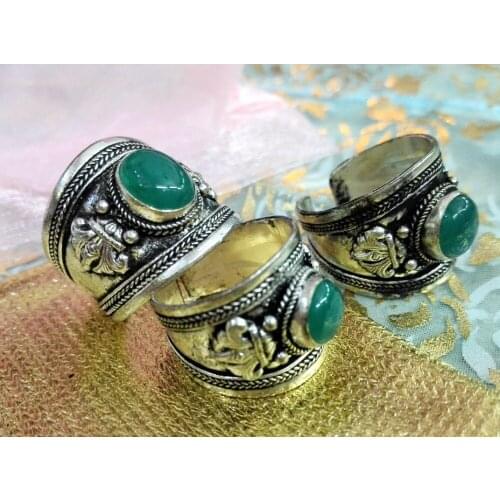 Fashion Jewelry Green stone Bead Wide Ring Tibet Silver Buddhism Nepal Ring Adjustable Unisex Gift one ring