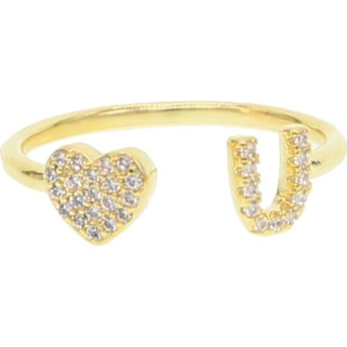 Fashion Gold filled open ring paved sparking cz heart letter U thin tiny jewelry for lover size adjustable women girls anillos