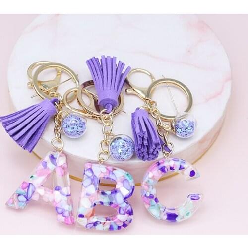 Fashion Letter Keychain Gold Purple Gradient Color Resin Letter A-Z Keychains Tassel Key Ring Handbag Backpack Pendant Car