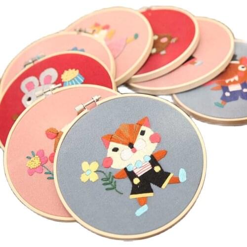 Cute Animal DIY Embroidery Kit with Bamboo Hoop for Beginner Needlework Pattern Printed Sewing Art Craft Painting Home Decor