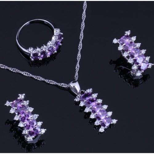 Sweet Purple Cubic Zirconia White CZ Silver Plated Jewelry Sets Earrings Pendant Chain Ring V0299