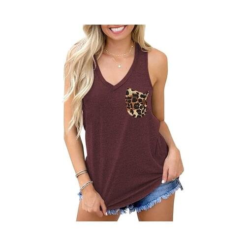 Summer New Womens Sleeveless V-neck Loose Casual Solid Leopard Print Pocket Vest T-shirt For Women