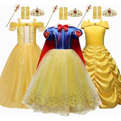 Snow White Dress for Girls Princess Cosplay Costume Dress Up Christmas Carnival Dresses Belle Dress Gold Color Kids Party Dress