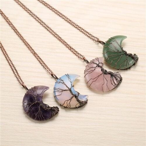 Tree of Life Crescent Moon Shaped Pendants Natural Crystal Stone Wire Winding Amulet Lucky healing jewelry