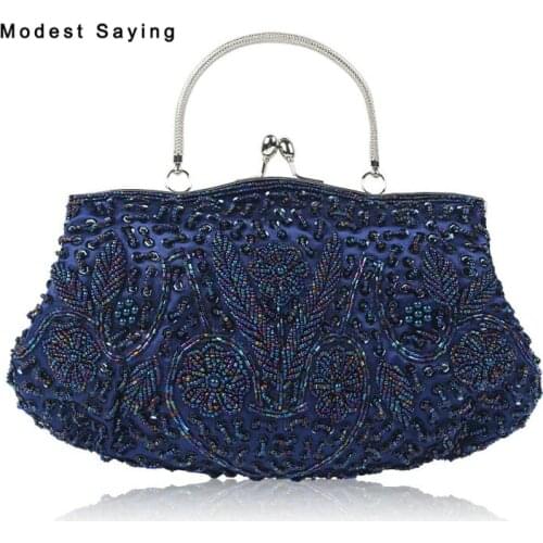 Romantic Drak Blue Beaded Wedding Party Handbags 2018 Prom Evening Purse Dolly Bag Wedding Accessories Bridal Crossbody Bags