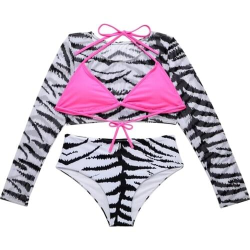 Sexy High Waist Three-Piece Swimsuit Long Sleeve Swimwear Women Bikini Mujer Zebra Pattern Swimsuits for Women