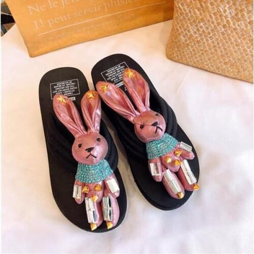 HAHAFLOWER cute Metal Diamonds rabbit sandals women wedge flip flops beach sandals ladies slippers FREE SHIPPING