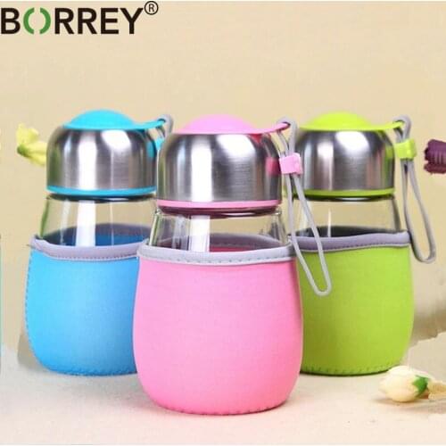 BORREY Glass Water Bottle With Sleeve Tea Infuser Bottle With Stainless Steel Filter Outdoor Bike Bottle Kid Water Bottle School