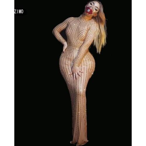 Rhinestones maxi Dress Women sexy tight Designer runway Elegant mesh sleeve Long Dress Stage Birthday Party Prom evening Costume