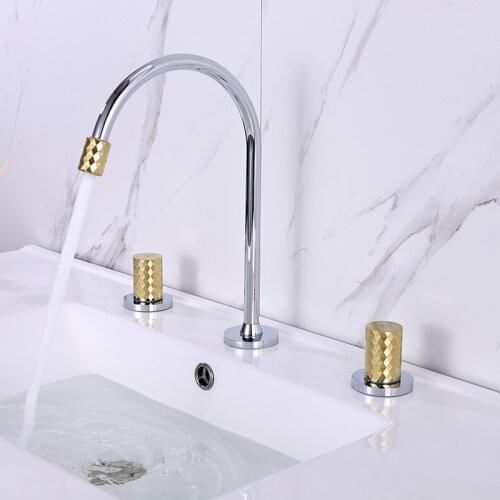 Bathroom Sink Faucet Mixer Brush Gold And Chrome Basin Faucet 3 Hole Widespread Basin Mixer Double Handle Hot And Cold Water Tap