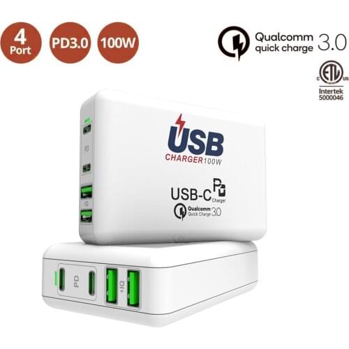 USB C Charger 4 Port PD Fast Charger Qc 3.0 100W Adapter Portable Dual Type C Charger for MacBook Pro/Air, iPad, iPhone, Laptop