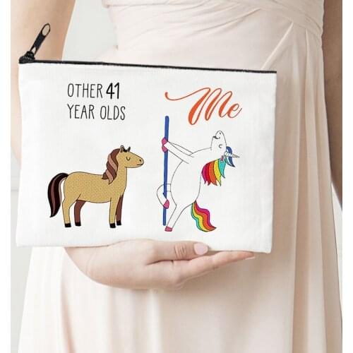 41 Year Olds Makeup Bag Flowers Horse Women Print Canvas Storage Bag Horse Cosmetic Bags for Bride Gift Prints Kawaii