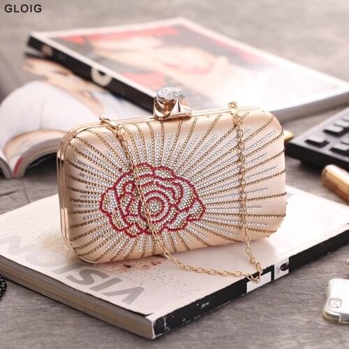 Flower Diamonds Women Evening Bags Satin Gold Luxury Lady Handbags Party Wedding Bridesmaid Clutch Purse
