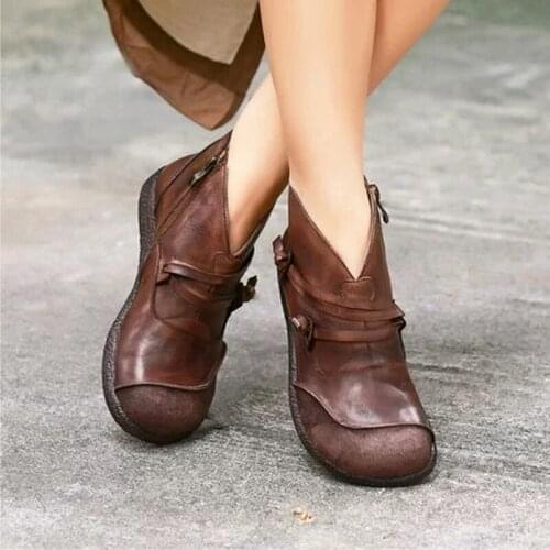 2021 New Women Winter Split Leather Ankle Boots Cross Strappy Vintage Punk Boots Ladies Flat Shoes Woman women shoes