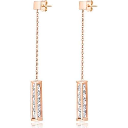 Stainless Steel Rose Gold Crystal Pave Women Chain Link Tassels Drop Earrings Jewelry Gift For Him