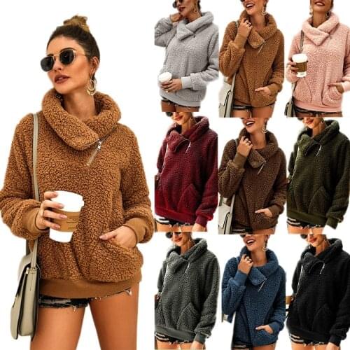 Turn Down Collar Women Autumn Winter Soft Warm Jumper Thick Hoodies Solid Color Zipper Long Sleeves Pullover Big Pactets