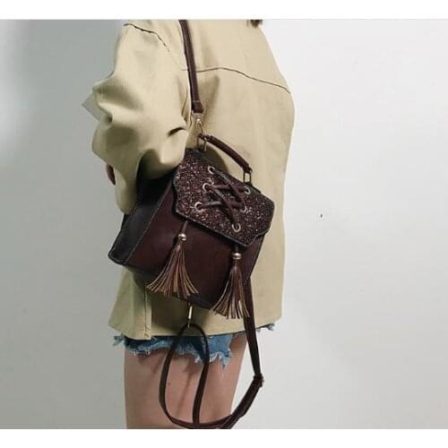 New Design Sequin Women Backpack Solid Hasp Female Bag Fashion Girls School Bags Lady Small PU Tassel Leather Bag Women Backpack