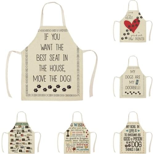 1Pc Kitchen Apron Letter My Dog Is My Doorbell Printed Sleeveless Linen Aprons Women Home Cleaning Tools WQ297