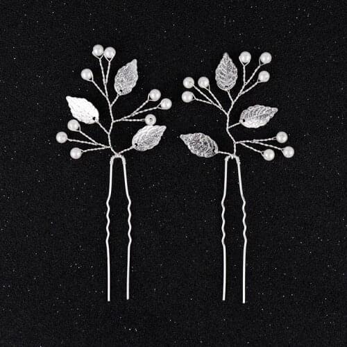 2018 bride u-shaped pearl hairpin handmade silver alloy leaf bridal hair tiara wedding hair accessories wedding dress accessorie