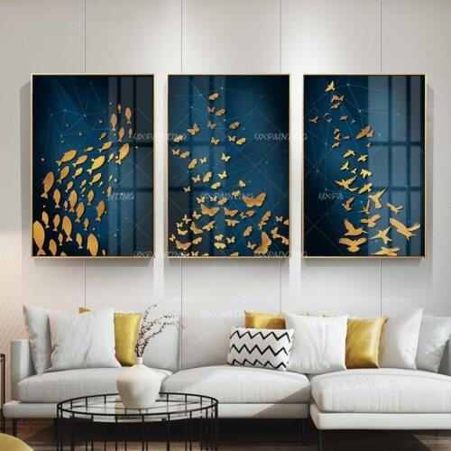 3 pieces Abstract print Gold art print On Canvas ready to hang blue print framed painting print art set of 3 wall art home Decor