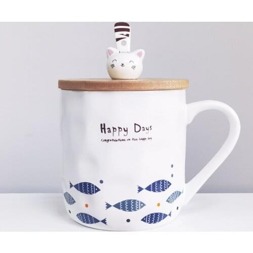400ml Creative Cute Cartoon Japanese Kitten Fish Ceramic Mark Water Cup Wooden Spoon Personality Milk Breakfast Gift