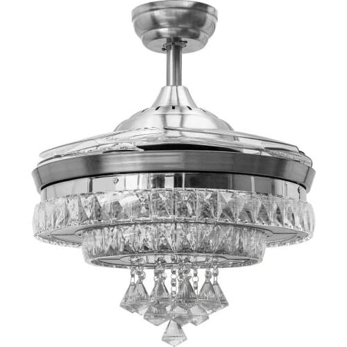 42 Inch Invisible Crystal Ceiling Fan with LED Light and Remote, 4 Retractable ABS Blades Fan Chandelier for Bedroom Diningroom