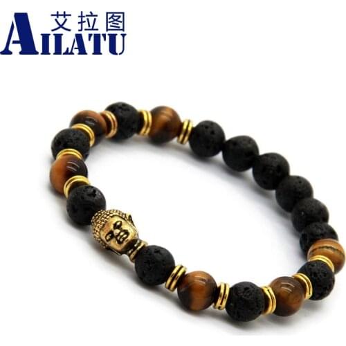 Ailatu New Lava Stone Beads Buddha Men Bracelet Buddha Head Bronze and Silver Color Charm Black Yoga Bracelet