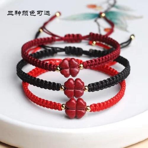 Customized Cinnabar Lucky clover Bead DIY Bracelet for Woman Lucky Fashion Friendship Gift Red Bangles Handmade Knotted Jewelry