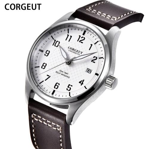 CORGEUT Mechanical Dive Watch For Men Leather Sapphire Crystal Business Mens Pilot Watch Automatic 50M Waterproof Мужские часы