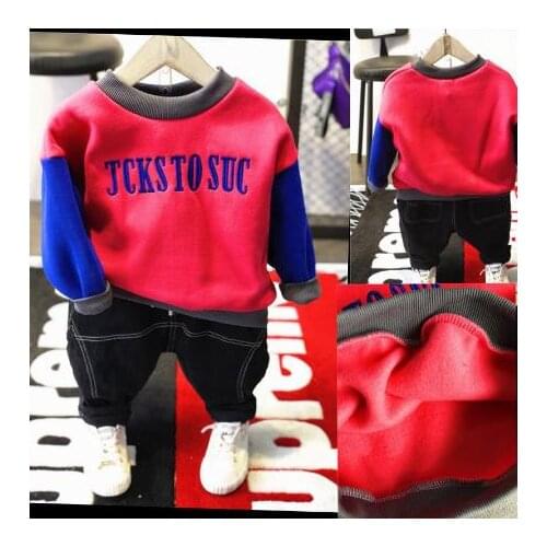 Childrens autumn and winter sweater set plush sweatshirt boys' suits casual childrens plush sweatshirt + plush jeans