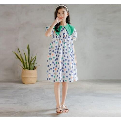 Teens Dress Girl Clothing New 2021 Summer Teenage Girls Dresses White Outfit Short Sleeve School Dress Big Collar