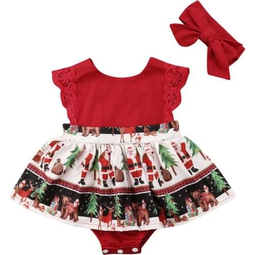 Citgeett XMAS Kids Baby Girls Christmas Red Santa One-piece Party Bodysuit Print Dress Headband Clothes Xmas