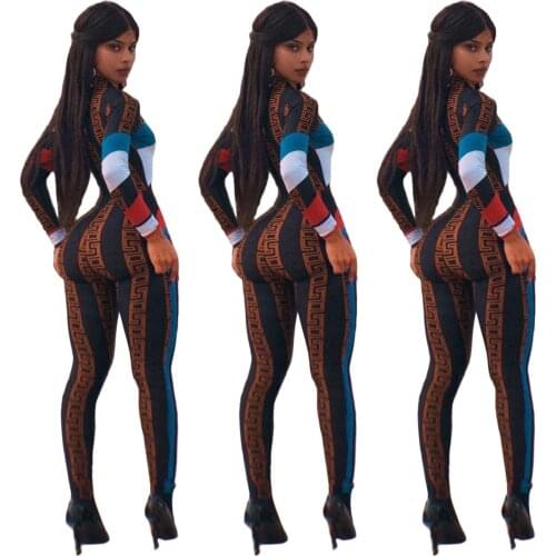 Echoine Autumn Women Fashion Patchwork printing Jumpsuit High Street Sports Full Sleeve Slim Nightclub Party body suits Overalls