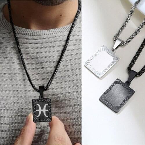SQUARE SILVER COLOR DISC INITIAL TWELVE CONSTELLATIONS PENDANT FOT MEN STAINLESS STEEL CHAIN NECKLACE