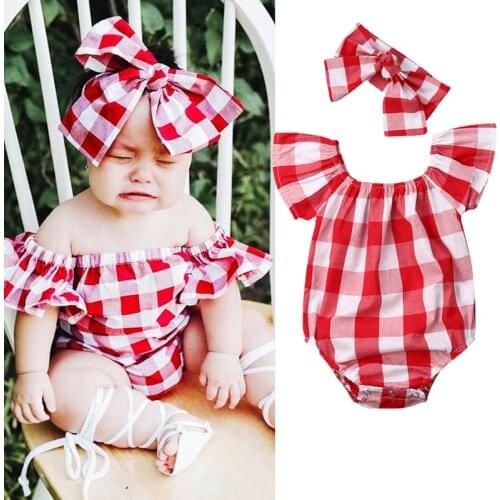 Toddler Baby Girls Summer Lovely Bodysuits Headband Ruffles Short Sleeve Off Shoulder Red Plaid Cotton Jumpsuits