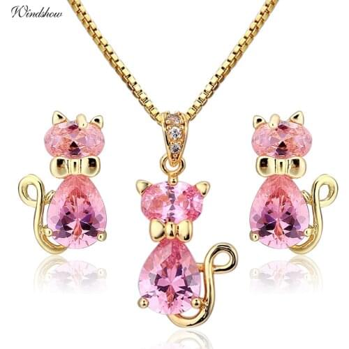 Cute Cat Stud Earrings Necklaces & Pendants Pave Pink CZ Gold Color Jewelry Sets For Women Children Kids Girls Jewellery Gifts