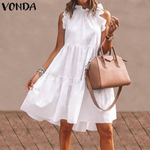 Mini Dress 2021 Women Sexy Sleeveless Tank Ruffled Dresses VONDA Bohemian Party Elegant Robe Femme Summer Vestidos