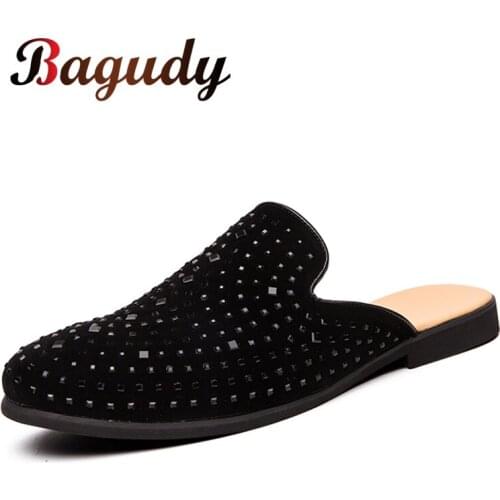 Mens Designer Rhinestone Casual Slipper Shoes Summer Office Leather Sandals Comfortable Half Slipper Male Casual Flats Shoes