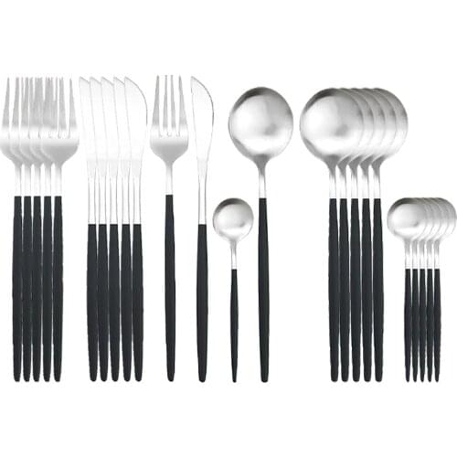 Black Silver Dinnerware Set 18/0 Stainless Steel Cutlery Set Knife Fork Coffee Spoon Tableware Set Kitchen Party Silverware Set
