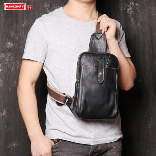 New Mens Leather USB Chest Bag Fashion Casual Men Small Shoulder Bag Leather Crossbody Bags 2020 Male Real Soft Black Vintage