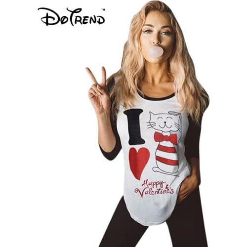 New arrival T Shirt Women Valentines Day Cat Long Sleeve Pullover crop Tops Tshirt Tee Camisetas Mujer Ropa