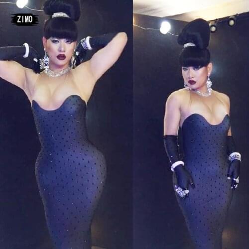 Sexy Cocktail Rhinestone Dress black for Women Birthday Party gloves Long Dresses nightclub Stage drag queen costumes celebrity