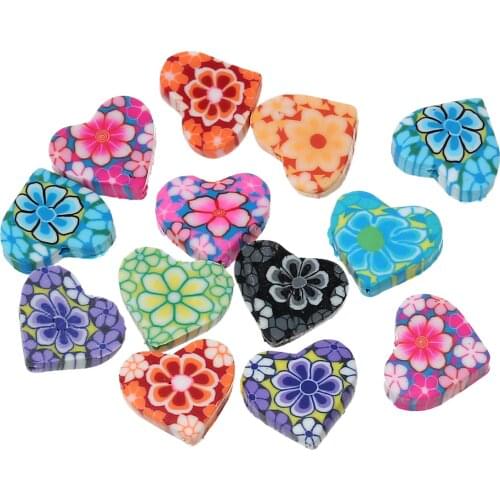 Polymer Clay Spacer Beads Heart At Random Flower Pattern About 15mm x 13mm, Hole: Approx 1.5mm, 50 PCs new