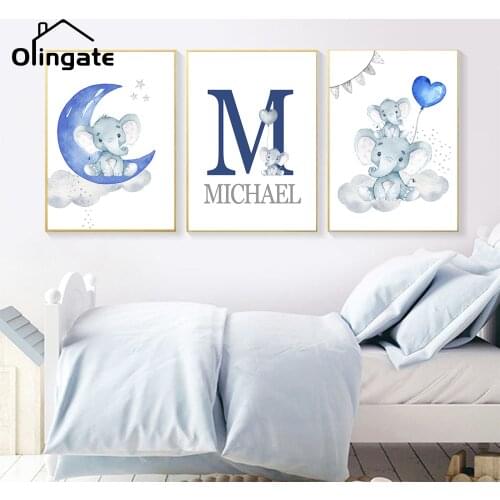Custom Poster Nursery Elephant Animal Prints Blue Moon Baby Personalized Canvas Painting One Piece Wall Art Home Living Room Dec