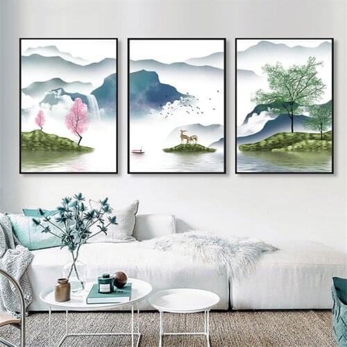Pink Tree Foggy Mountain Deer Animal Lake Forest Seascape Wall Art Canvas Painting Poster Print Wall Pictures Living Room Decor