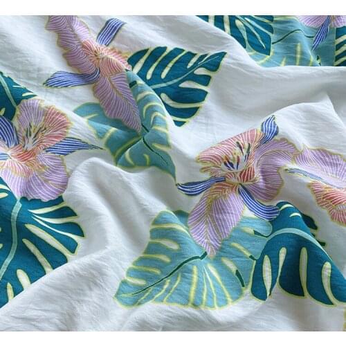 White background green flower printing Tencel cotton linen fabric shirt cheongsam Hanfu spring and summer clothing fabric